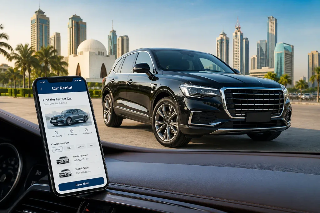 Car rental tips Karachi expert guide by Rent a Car in Karachi, highlighting mobile booking and a luxury SUV parked against the city's skyline.