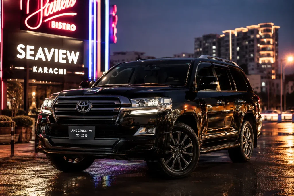 Premium chauffeur-driven luxury car rental in Karachi showcasing a high-end SUV