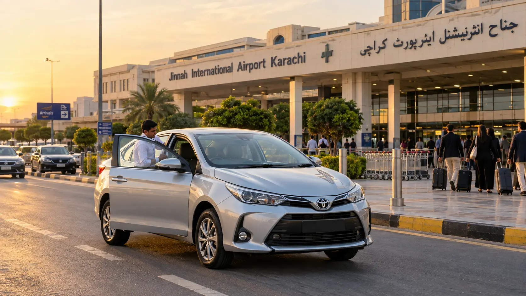 Toyota Yaris luxury rental arriving at Jinnah International Airport Karachi