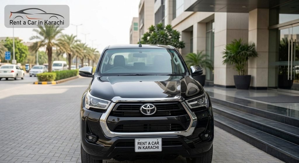 Pristine vehicle parked outside a modern building for cheap car rental Karachi service by Rent a Car in Karachi