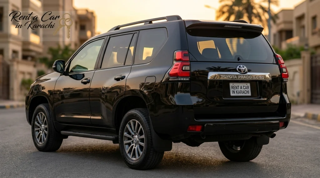 Black SUV parked in an executive driveway for a prado rental in karachi provided by Rent a Car in Karachi.