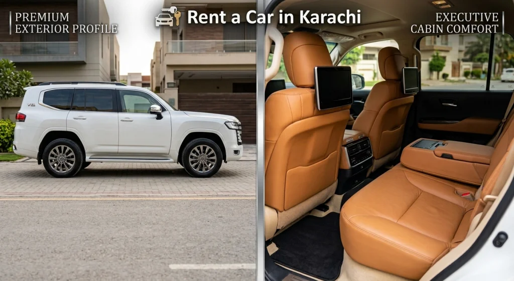 Exterior side profile and executive leather interior of Land Cruiser V8 rental in Karachi