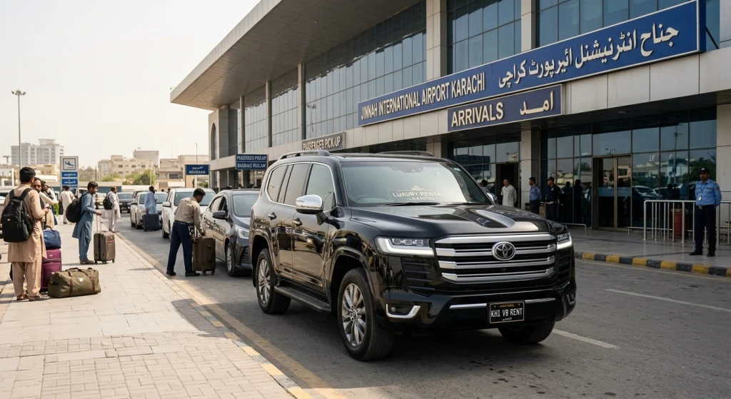 Land Cruiser V8 luxury rental arriving at Jinnah International Airport Karachi