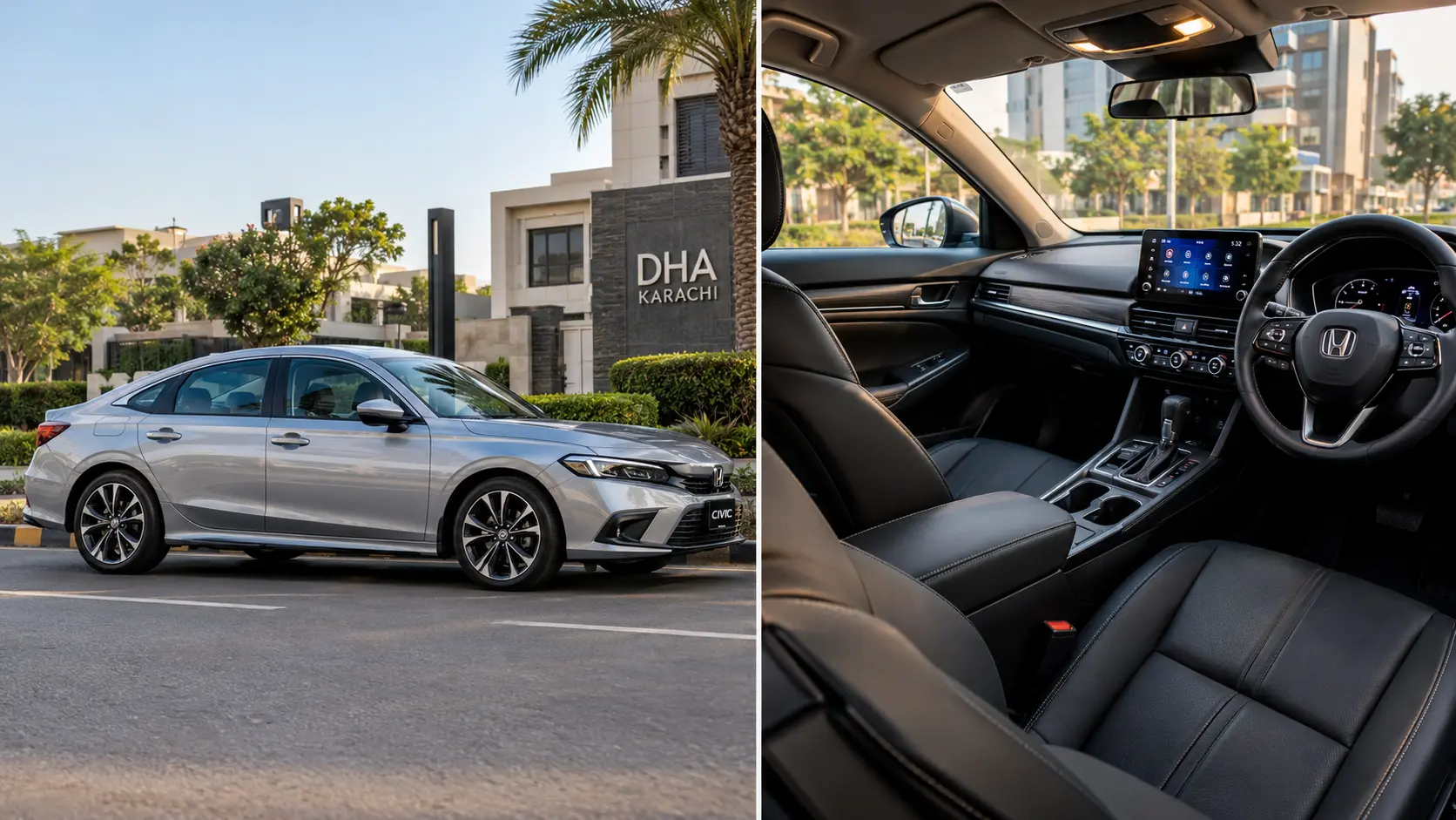 Exterior side profile and comfortable leather interior of Honda Civic rental in Karachi