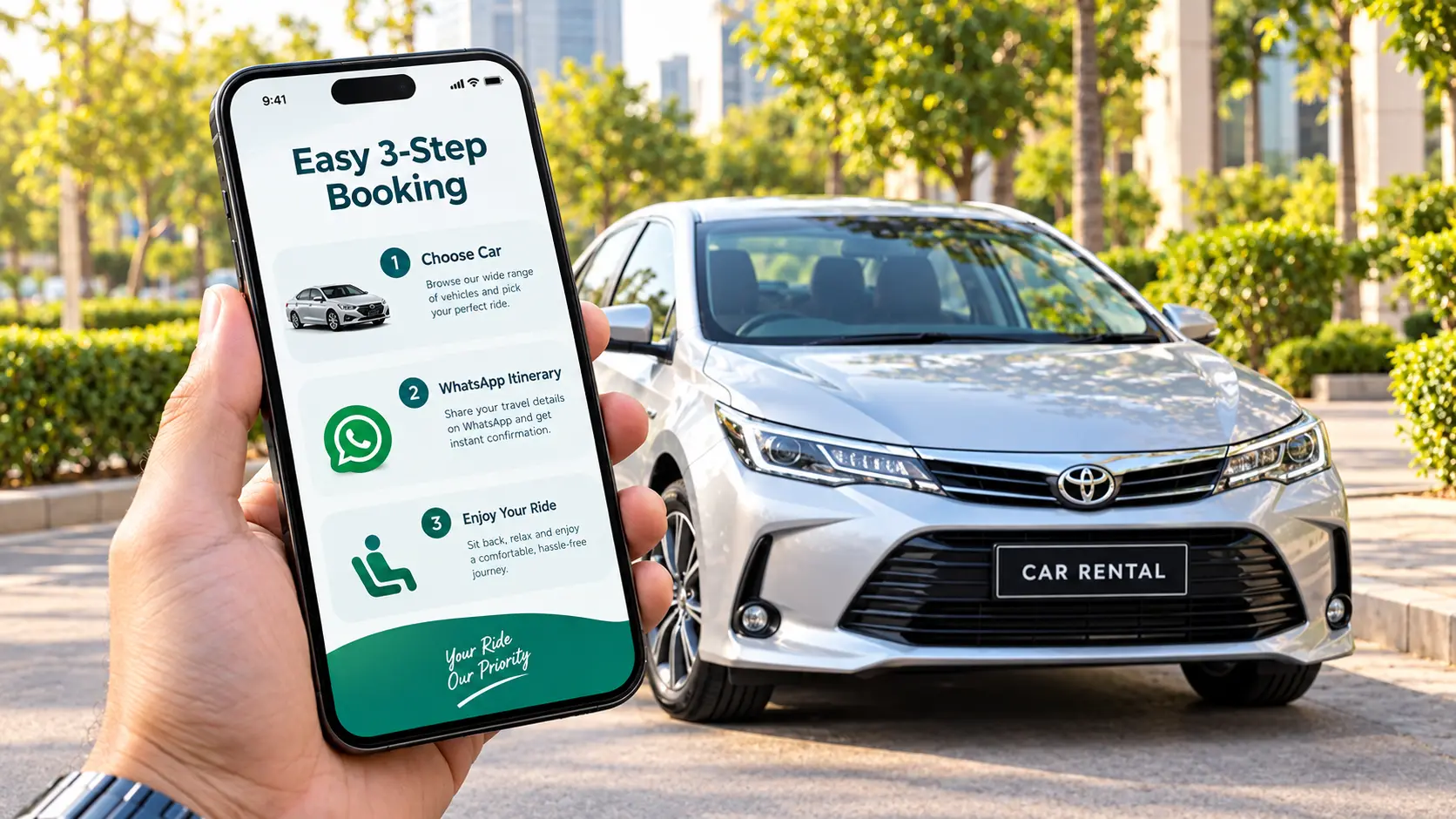 Easy 3-step booking process to rent a car in Karachi via WhatsApp