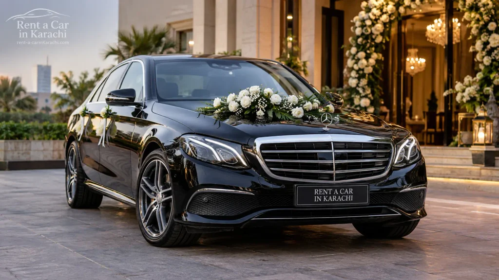 Premium Mercedes-Benz E-Class decorated for wedding car rental karachi by Rent a Car in Karachi