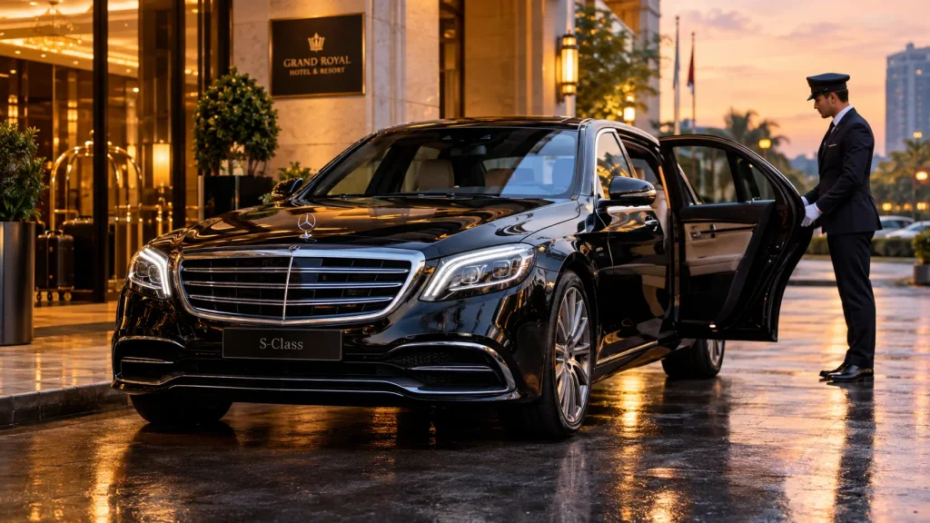 Rent Mercedes in Karachi with driver - black Mercedes-Benz C-Class luxury sedan for rent.