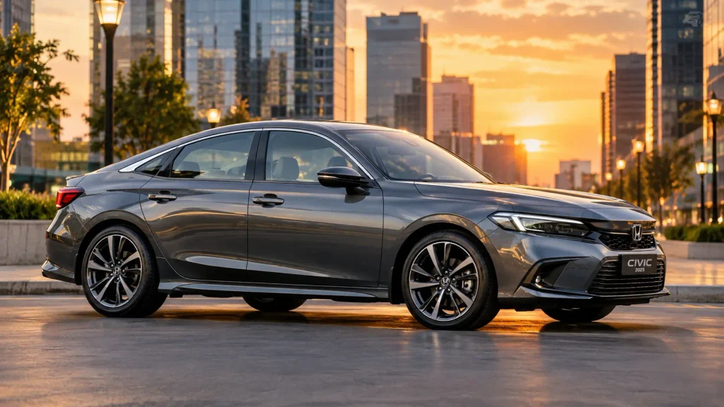 Modern metallic gray sedan available for Honda Civic rent Karachi parked on a city boulevard during golden hour.