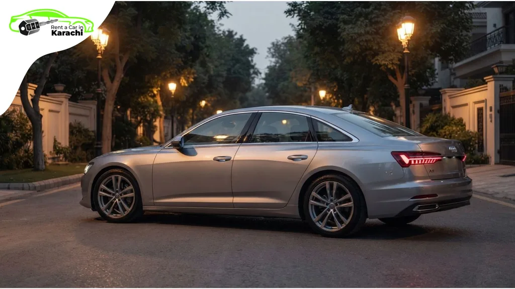 Sleek silver Audi A6 parked under evening streetlights in Clifton Karachi during a Luxury Wedding Car Rental evening session.