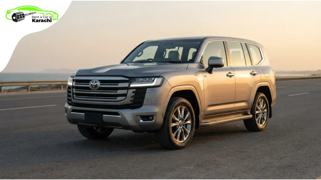 Outstation Car Rental Karachi featuring a Toyota Prado parked on a scenic mountain road during a northern tour.