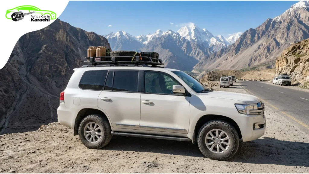 Karachi to Skardu Rental SUV Toyota Land Cruiser LC200 prepped for long-distance travel with Rent a Car in Karachi