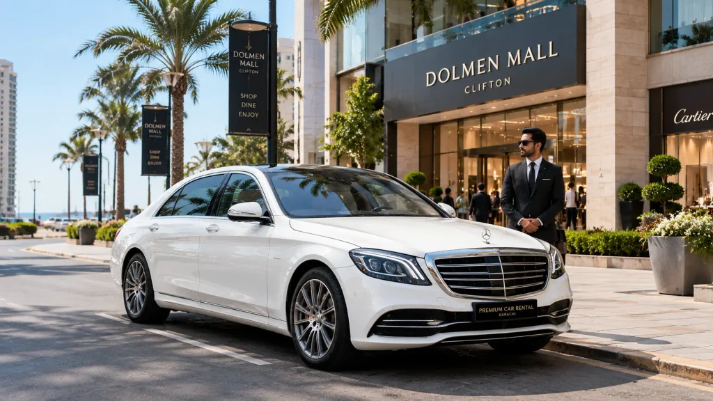 Chauffeur-driven monthly car rental in Karachi parked near Clifton shopping district