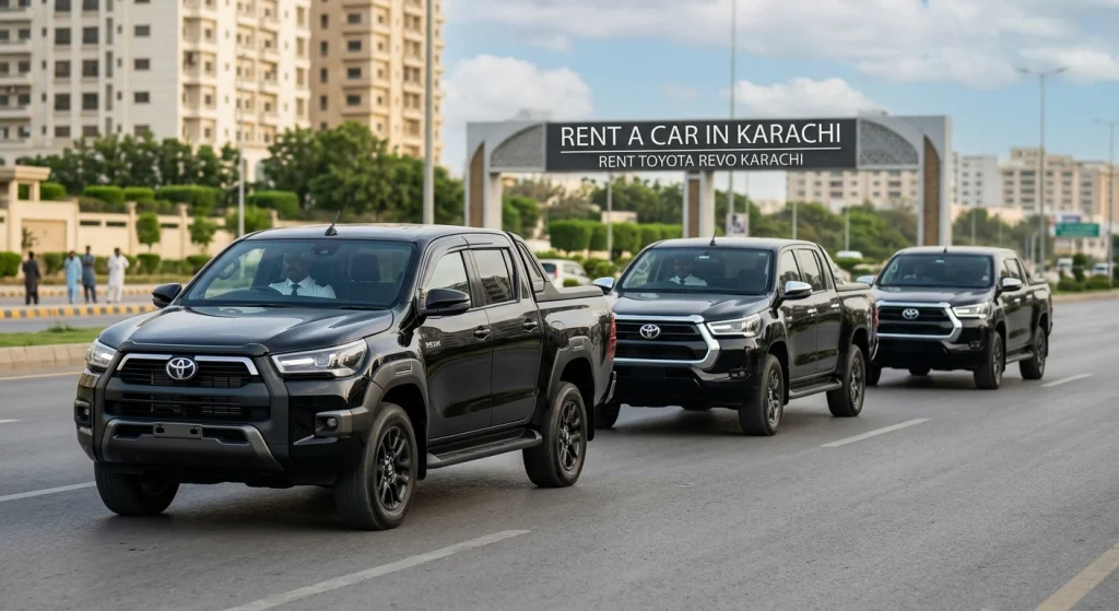rent Toyota Revo karachi fleet of luxury black and white 4x4 trucks driving on city road