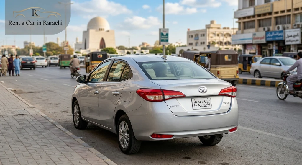 Silver Toyota Yaris parked on a city street offered by Rent a Car in Karachi for a cheap car rental Karachi service