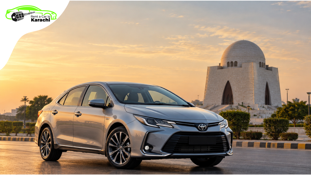 Toyota Corolla Grande parked on the approach road to Jinnah International Airport as part of a reliable airport transfer service with Rent a Car in Karachi.