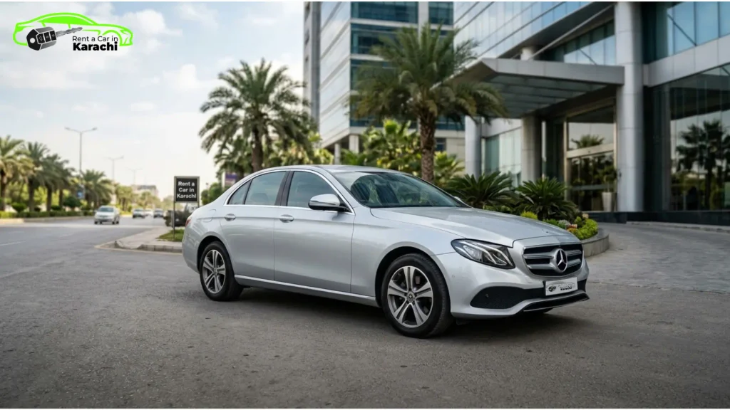 Premium hotel transfer car rental featuring Mercedes-Benz E-Class by Rent a Car in Karachi
