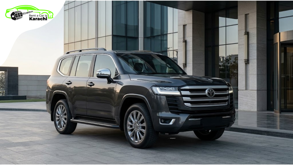 Front three-quarter angle of a pristine Toyota Land Cruiser LC300 parked outside a luxury hotel in Clifton for SUV Rental Karachi by Rent a Car in Karachi.