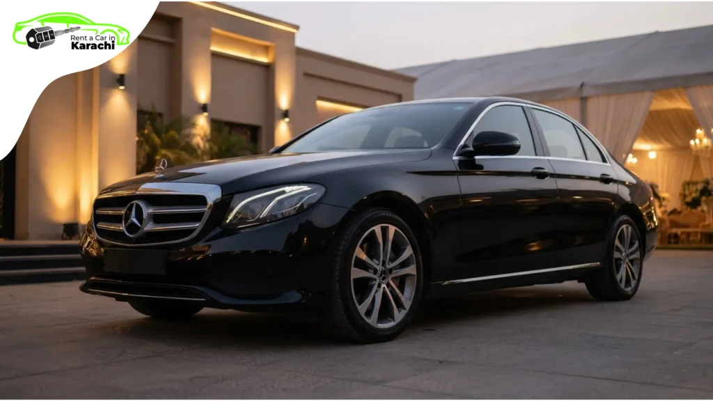 Shadi Protocol Karachi featuring a Mercedes-Benz E-Class parked outside a luxury wedding venue in DHA.