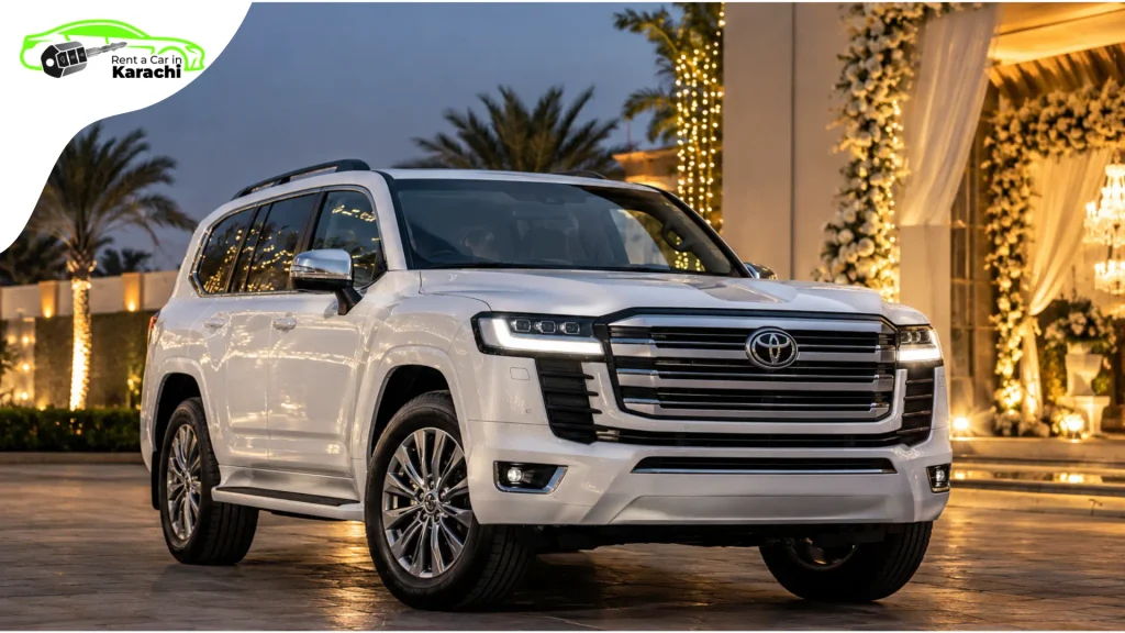Pristine white Toyota Land Cruiser LC300 parked outside a luxury wedding venue in DHA Karachi for a premium wedding car rental experience.