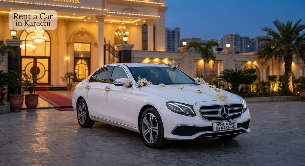 Mercedes-Benz E-Class decorated for luxury wedding car rental karachi by Rent a Car in Karachi